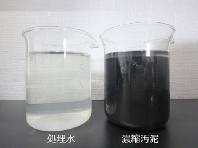 産業廃棄物の処分・再資源化を行う京葉興業の処理の流れ　凝集沈殿（水と個体の分離）処理水と濃縮汚泥の写真