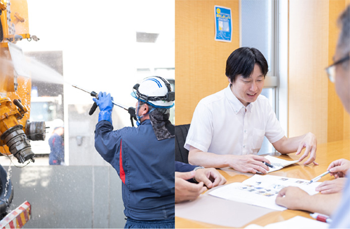 産業廃棄物の収集・処分・再資源化をコーディネイトする京葉興業の中途採用イメージ　作業員が作業車を洗っている写真、社員たちが打ち合わせをしている写真